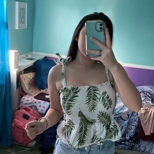 White & Green Palm tree pattern ribbed tank top XS